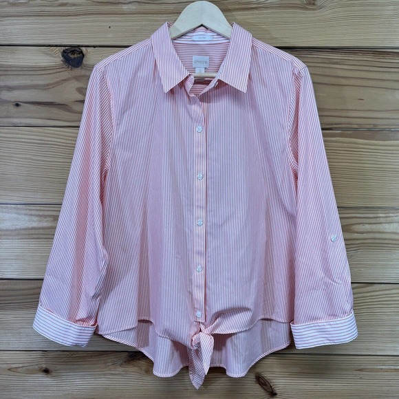 Chicos 3 XL Shirt Orange White Stripe Tie Waist Contrast Cuff Cotton B83 - Picture 1 of 11
